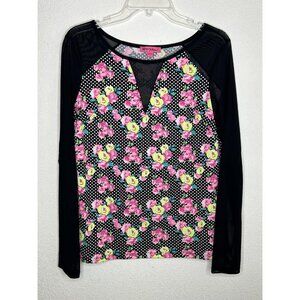 Betsey Johnson Shirt Womens Large Floral Polka Dot Mesh Long Sleeve Top Blouse